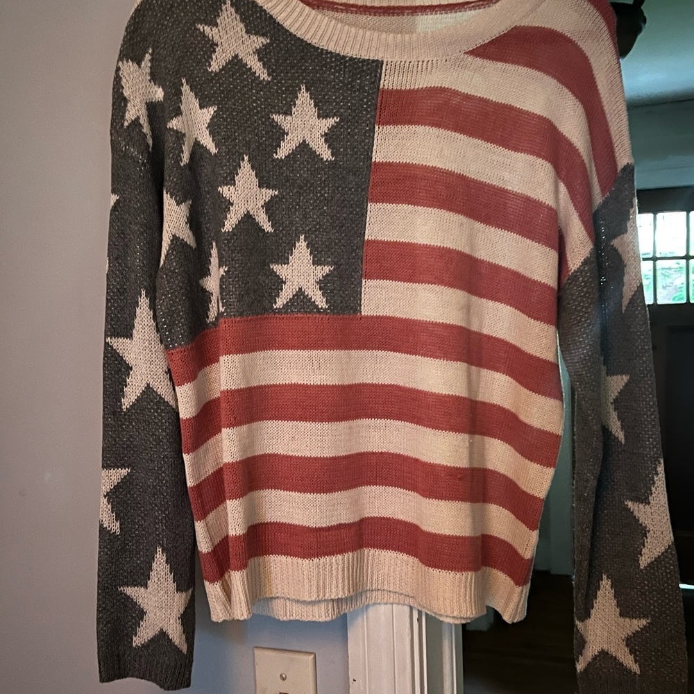 Red and White Crew Neck Sweater with Patriotic Design NWOT